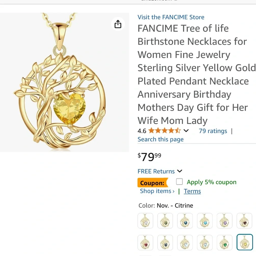 Fancime Tree of Life Heart Birthstone Necklace Fanci Me Sterling Citrine NEW - Picture 13 of 16